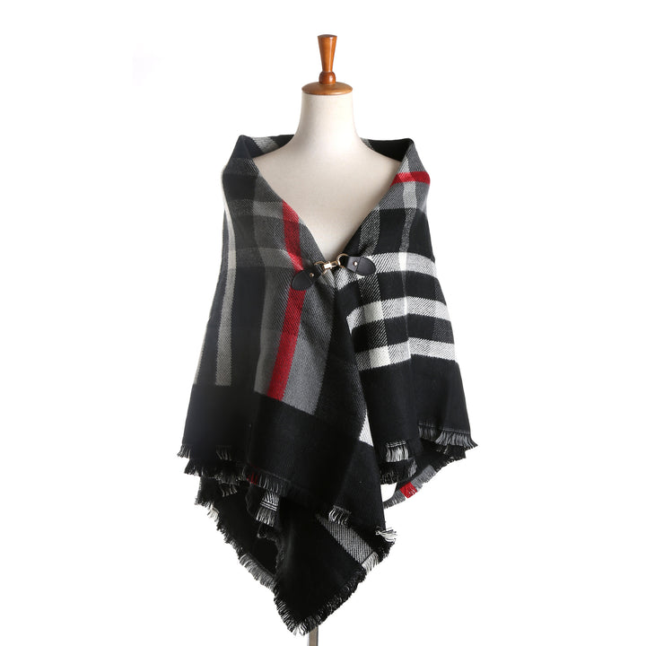 Damen Karierter Wollmix-Capeponcho mit Fransen und Lederverschluss Echo Archiv