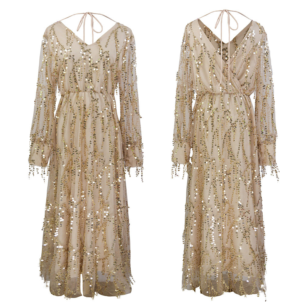 Damen Maxikleid mit Paillettenbesatz, V-Ausschnitt und transparenten dreiviertel-Ärmeln – Valéora