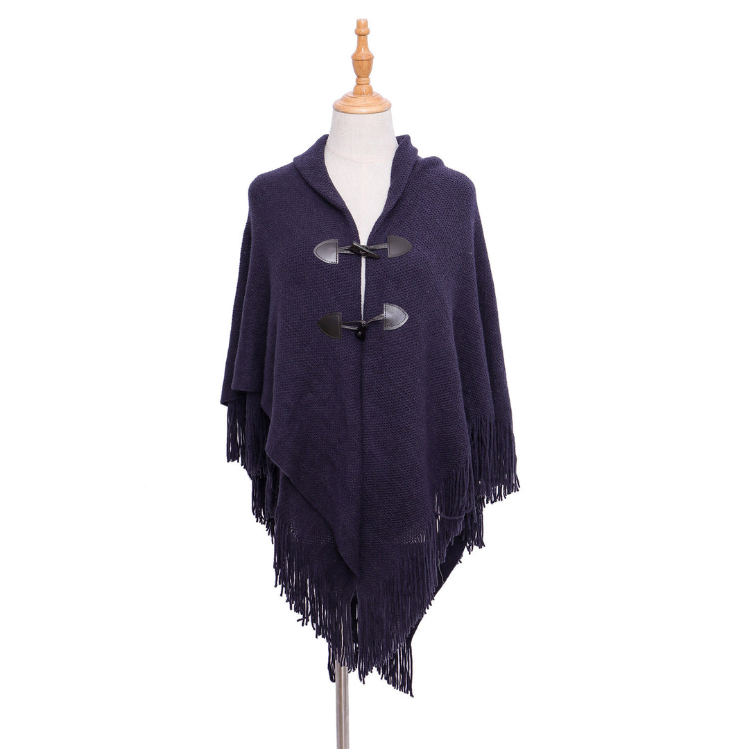 Damen Strick-Ruana-Poncho mit Schalkragen, Knebelverschlüssen und Fransensaum – Veloura