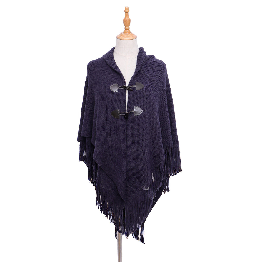 Damen Strick-Ruana-Poncho mit Schalkragen, Knebelverschlüssen und Fransensaum – Veloura