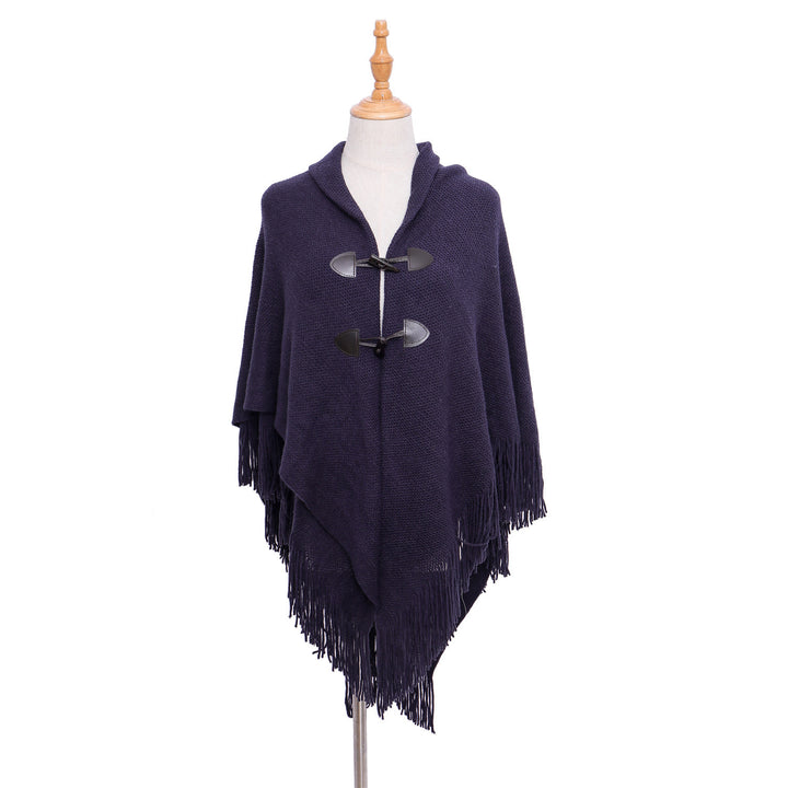 Damen Strick-Ruana-Poncho mit Schalkragen, Knebelverschlüssen und Fransensaum – Veloura