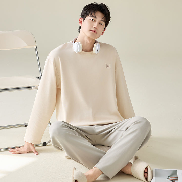 Herren-Pyjama-Set, 100% Baumwolle, Langarm, modern