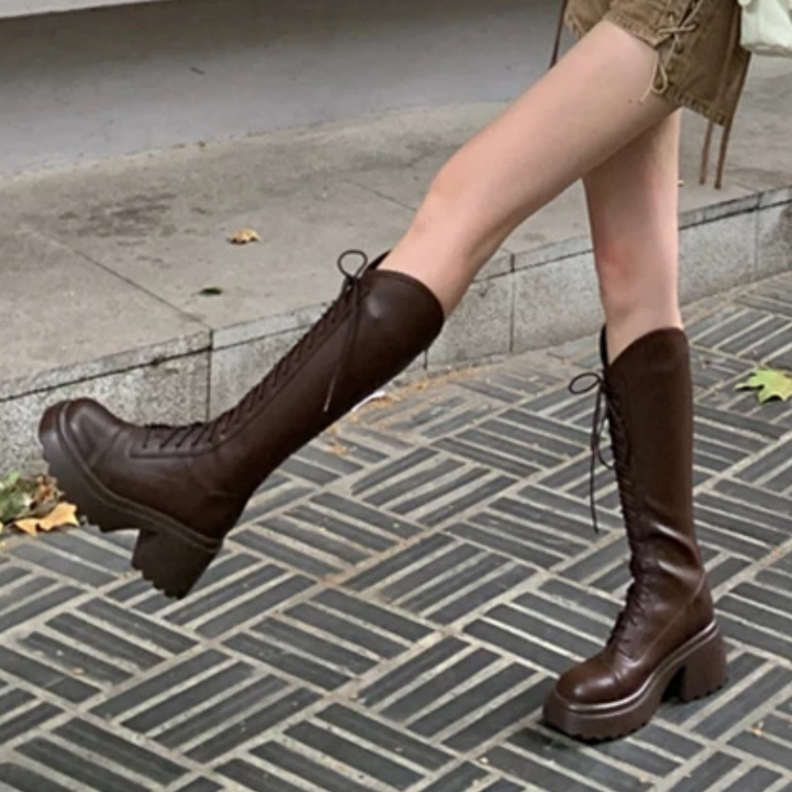 Echoarchiv | Hohe Stiefel Damenstiefel mit Schnürung und Robuster Ferse