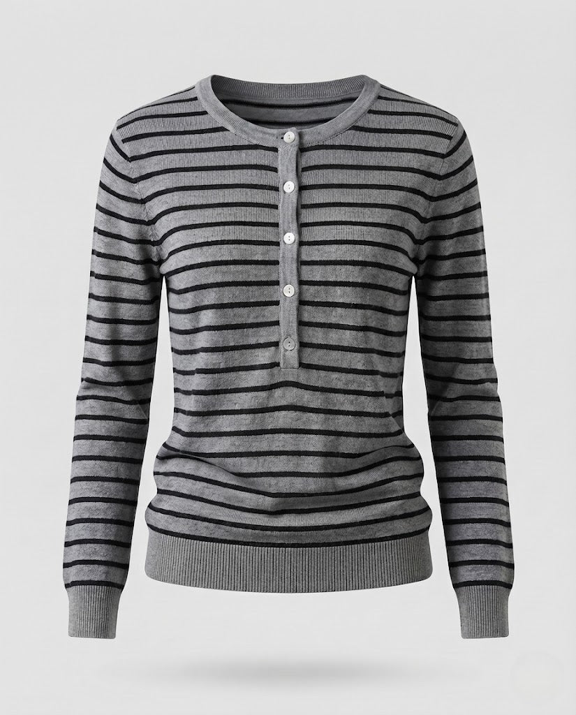 Damen Gestreifter Henley-Feinstrickpullover mit Knopfleiste Echoarchiv
