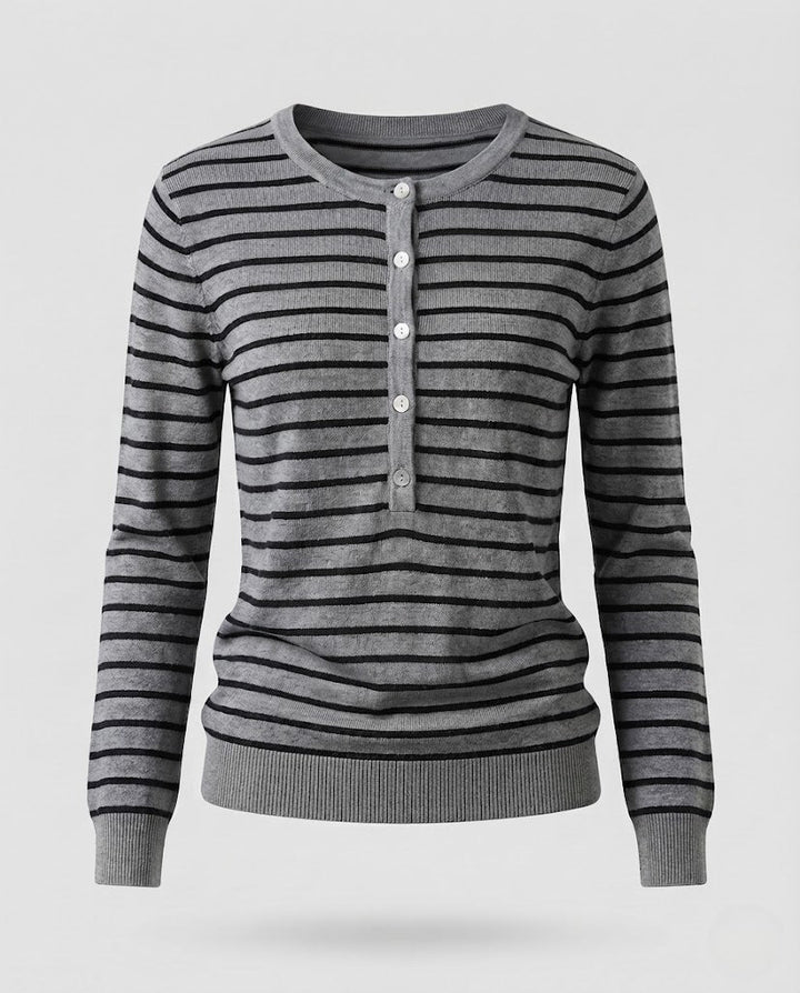 Damen Gestreifter Henley-Feinstrickpullover mit Knopfleiste Echoarchiv