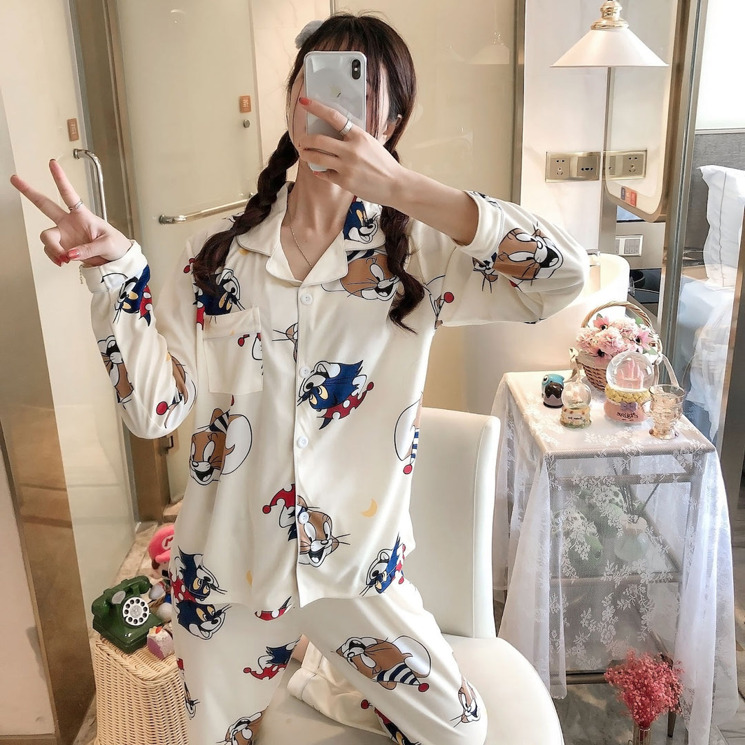 Damen-Pyjama-Set, Langarm, Herz-Muster, Freizeit-Stil