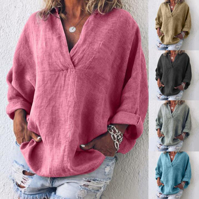 Damen Leinen Tunika Oversize mit V-Ausschnitt Brusttasche und hochrollbaren Ärmeln – Avérine