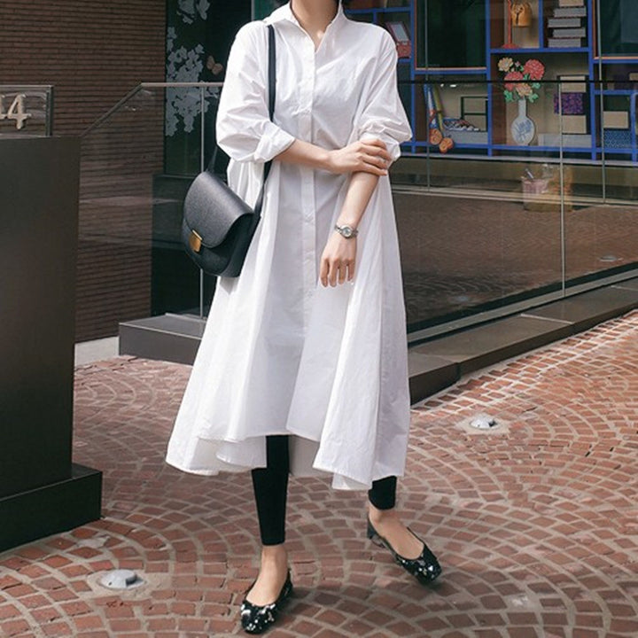 Damen Weites Hemdblusen‑Maxikleid mit asymmetrischem Saum und kastiger A‑Linien‑Silhouette – Valéora