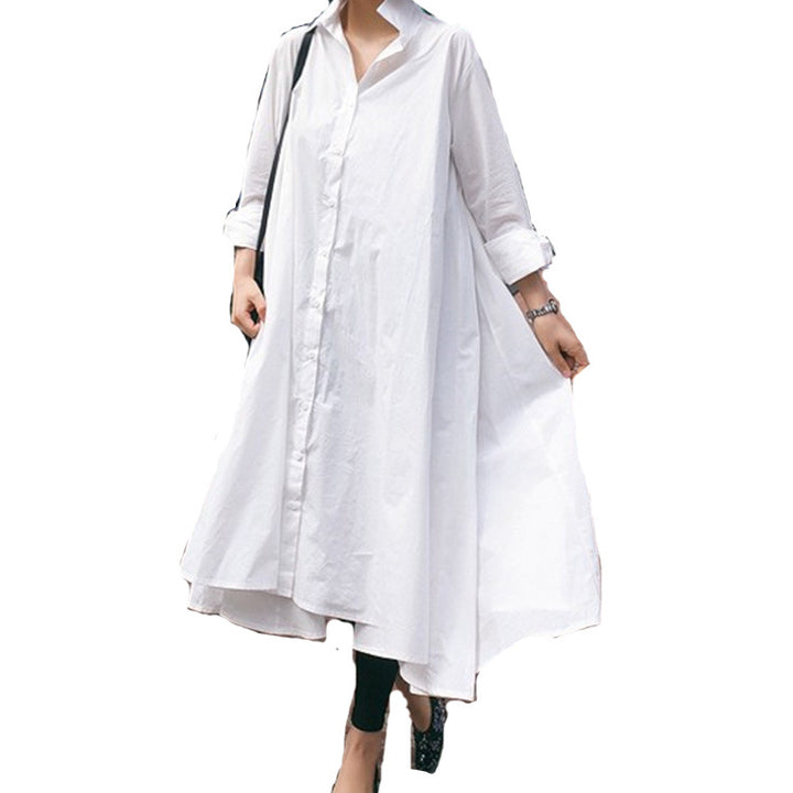 Damen Weites Hemdblusen‑Maxikleid mit asymmetrischem Saum und kastiger A‑Linien‑Silhouette – Valéora