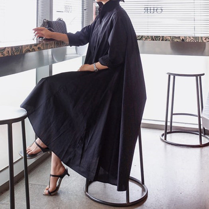 Damen Weites Hemdblusen‑Maxikleid mit asymmetrischem Saum und kastiger A‑Linien‑Silhouette – Valéora