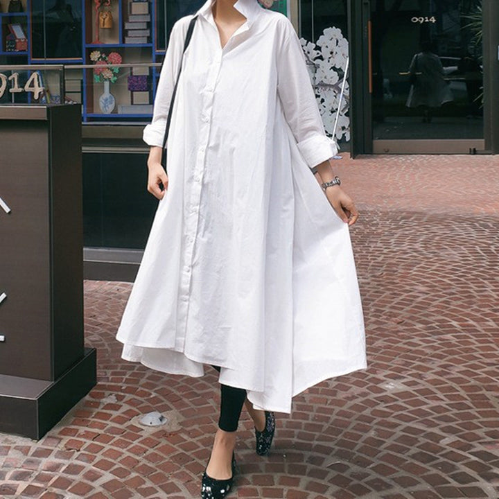 Damen Weites Hemdblusen‑Maxikleid mit asymmetrischem Saum und kastiger A‑Linien‑Silhouette – Valéora