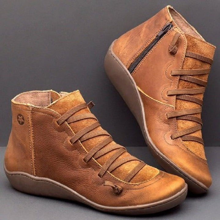 Damen nan knöchelhohe Leder-Stiefelette mit seitlichem Reißverschluss, elastischer Schnürung und gepolstertem Fußbett Echo Archiv