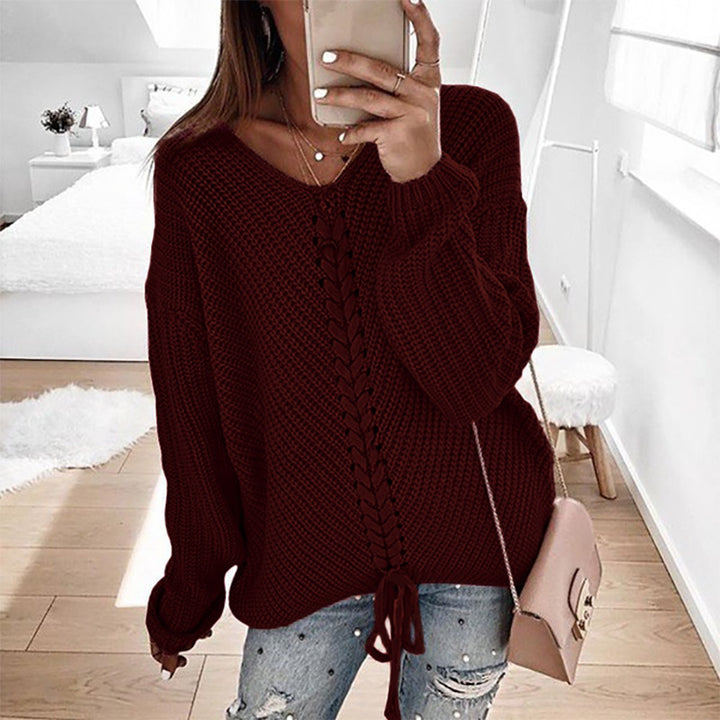 Damen Oversize Strickpullover mit V-Ausschnitt, Zopfstrick und Schnürung Echo Archiv