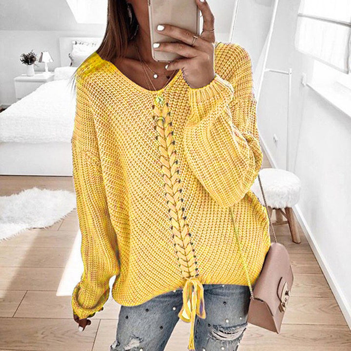 Damen Oversize Strickpullover mit V-Ausschnitt, Zopfstrick und Schnürung Echo Archiv