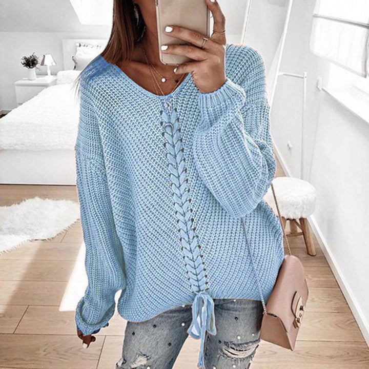 Damen Oversize Strickpullover mit V-Ausschnitt, Zopfstrick und Schnürung Echo Archiv