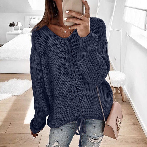 Damen Oversize Strickpullover mit V-Ausschnitt, Zopfstrick und Schnürung Echo Archiv