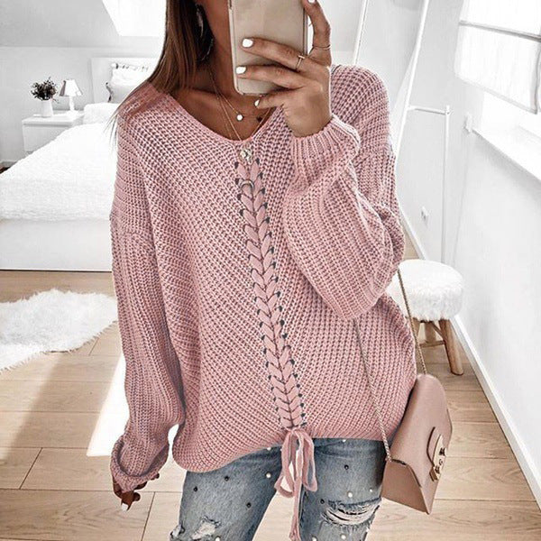 Damen Oversize Strickpullover mit V-Ausschnitt, Zopfstrick und Schnürung Echo Archiv