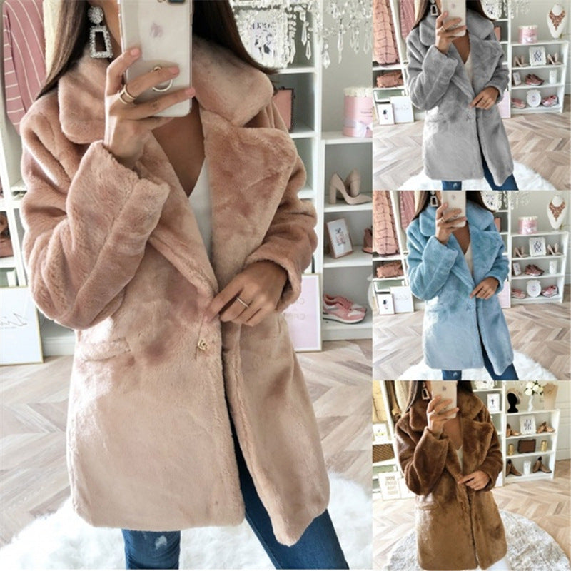 Damen Teddy-Faux-Fur Mantel mit Reverskragen und aufgesetzten Taschen Echoarchiv
