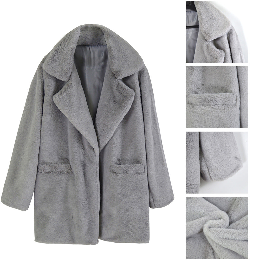 Damen Teddy-Faux-Fur Mantel mit Reverskragen und aufgesetzten Taschen Echoarchiv