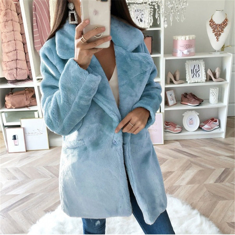 Damen Teddy-Faux-Fur Mantel mit Reverskragen und aufgesetzten Taschen Echoarchiv