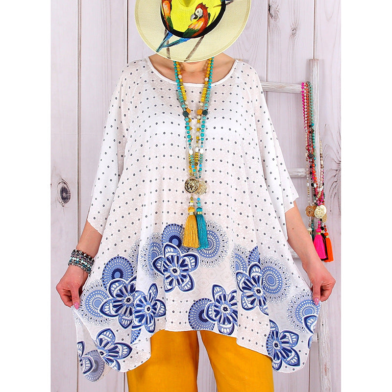 Damen fließende Viskose-Mix-Tunika im Boho-Stil mit floralem Besatz, asymmetrischem Saum und 3/4-Ärmeln – Avérine