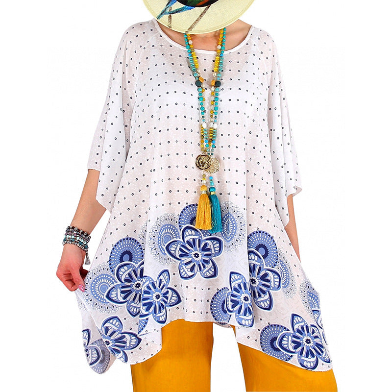 Damen fließende Viskose-Mix-Tunika im Boho-Stil mit floralem Besatz, asymmetrischem Saum und 3/4-Ärmeln – Avérine