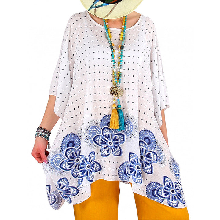 Damen fließende Viskose-Mix-Tunika im Boho-Stil mit floralem Besatz, asymmetrischem Saum und 3/4-Ärmeln – Avérine