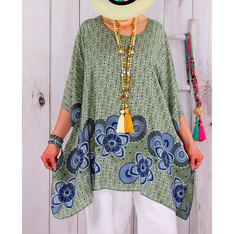 Damen fließende Viskose-Mix-Tunika im Boho-Stil mit floralem Besatz, asymmetrischem Saum und 3/4-Ärmeln – Avérine