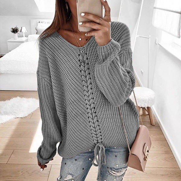 Damen Oversize Strickpullover mit V-Ausschnitt, Zopfstrick und Schnürung Echo Archiv