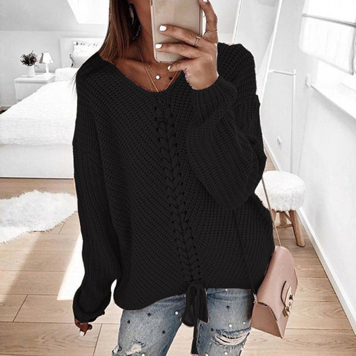 Damen Oversize Strickpullover mit V-Ausschnitt, Zopfstrick und Schnürung Echo Archiv