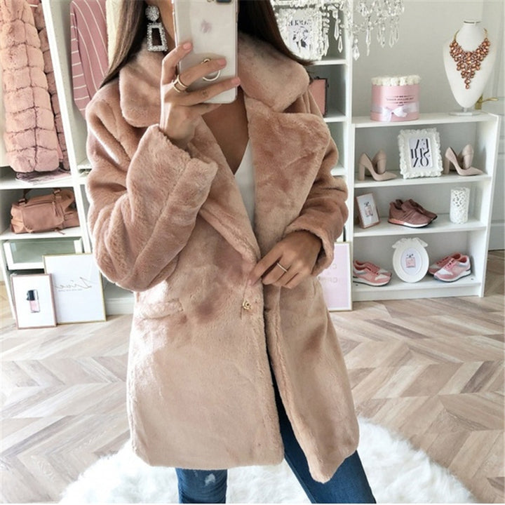 Damen Teddy-Faux-Fur Mantel mit Reverskragen und aufgesetzten Taschen Echoarchiv
