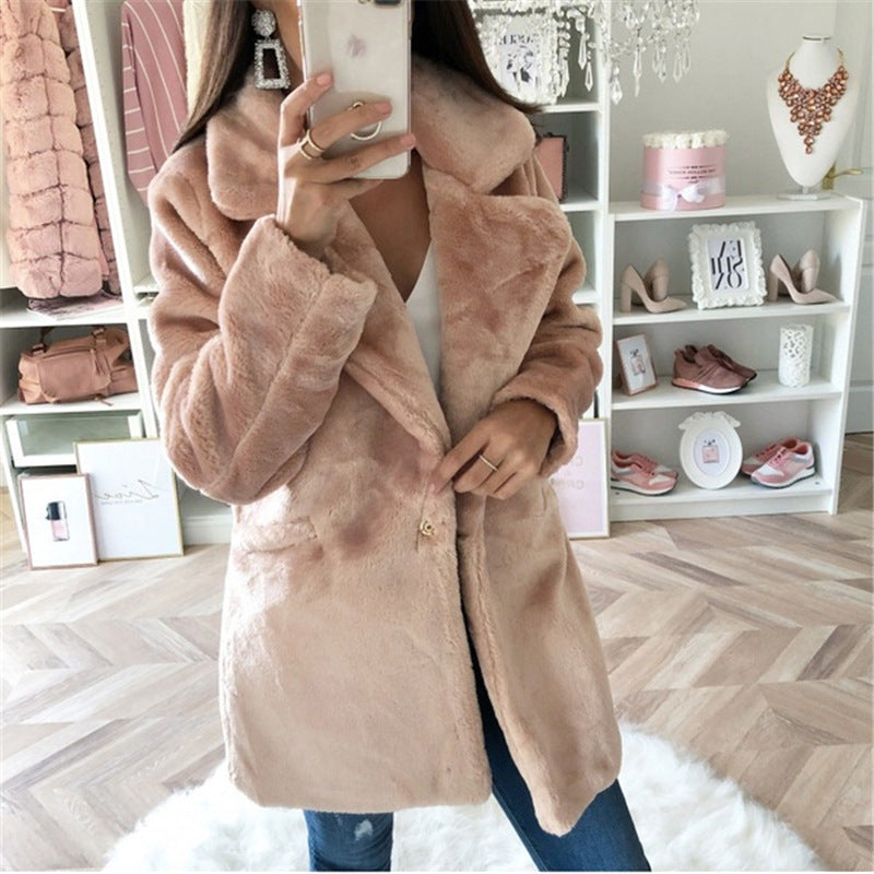 Damen Teddy-Faux-Fur Mantel mit Reverskragen und aufgesetzten Taschen Echoarchiv
