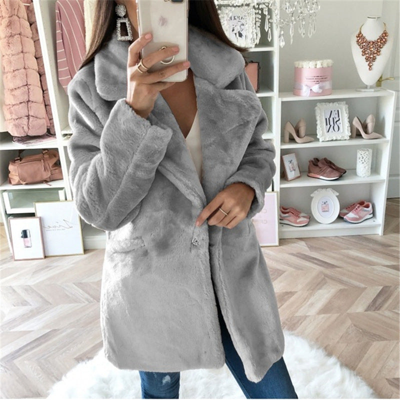 Damen Teddy-Faux-Fur Mantel mit Reverskragen und aufgesetzten Taschen Echoarchiv