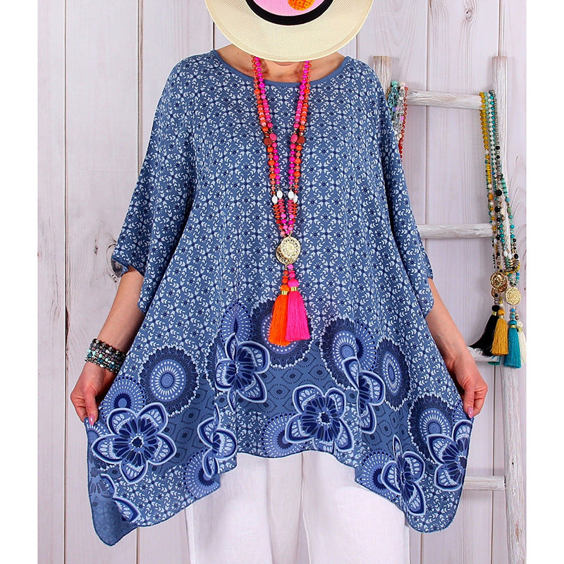 Damen fließende Viskose-Mix-Tunika im Boho-Stil mit floralem Besatz, asymmetrischem Saum und 3/4-Ärmeln – Avérine