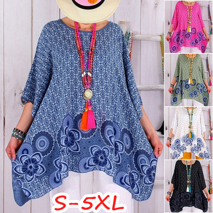 Damen fließende Viskose-Mix-Tunika im Boho-Stil mit floralem Besatz, asymmetrischem Saum und 3/4-Ärmeln – Avérine