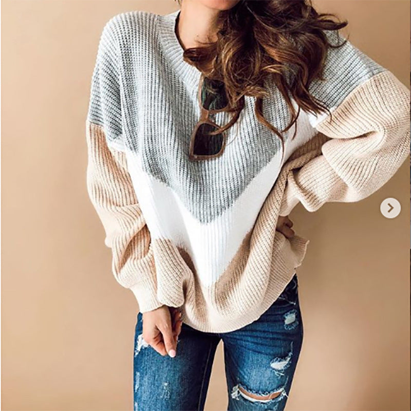 Damen Oversize-Colorblock-Pullover mit V‑Intarsie, Rippbündchen und Strukturstrick Echo Archiv