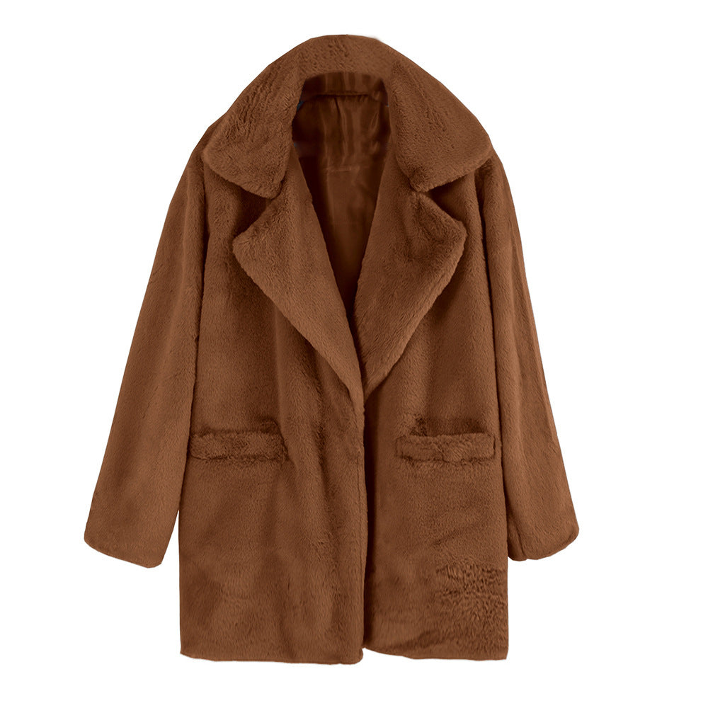 Damen Teddy-Faux-Fur Mantel mit Reverskragen und aufgesetzten Taschen Echoarchiv