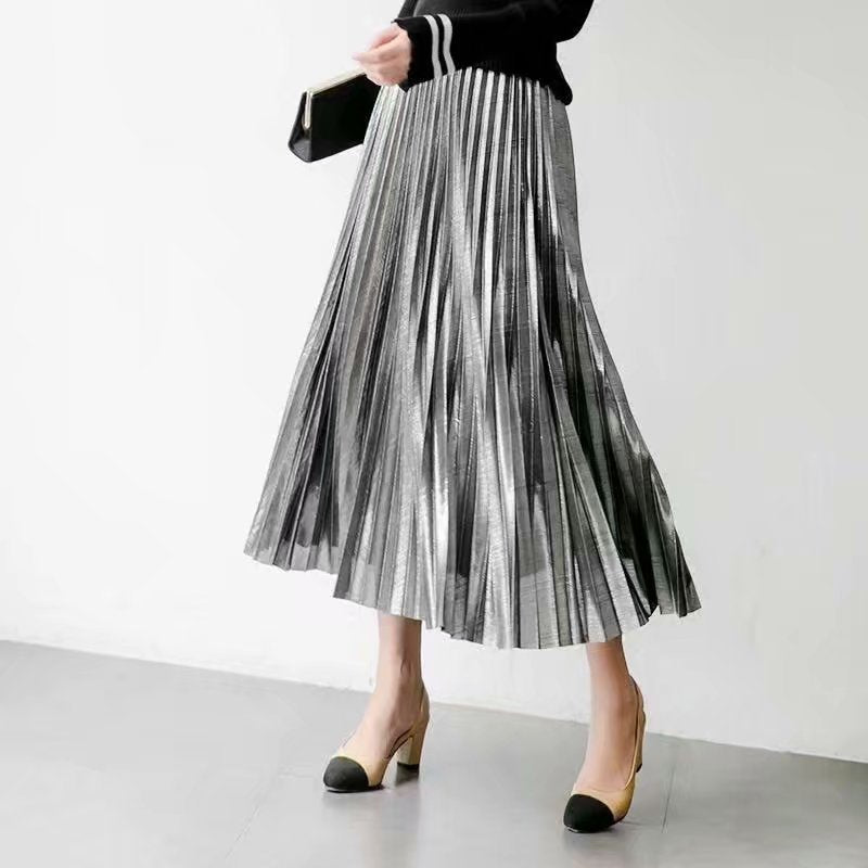 Damen Lange plissierter Kunstleder-Maxirock mit elastischem Bund – Rosévia