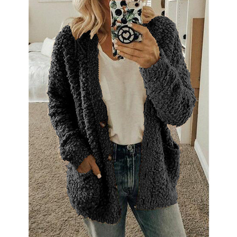 Damen nan locker geschnittener Teddy-Flausch-Cardigan mit dezenter Knopfleiste und aufgesetzten Eingrifftaschen Echo Archiv