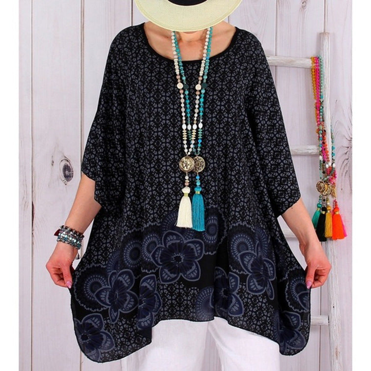 Damen fließende Viskose-Mix-Tunika im Boho-Stil mit floralem Besatz, asymmetrischem Saum und 3/4-Ärmeln – Avérine