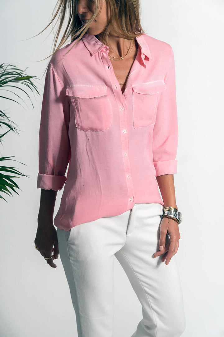Damen Leichtes Hemd Bluse mit Brusttaschen und Lockerer Passform Echoarchiv