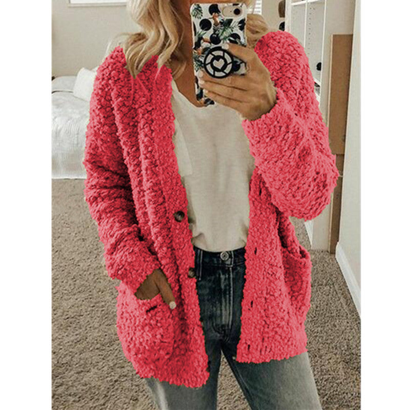 Damen nan locker geschnittener Teddy-Flausch-Cardigan mit dezenter Knopfleiste und aufgesetzten Eingrifftaschen Echo Archiv