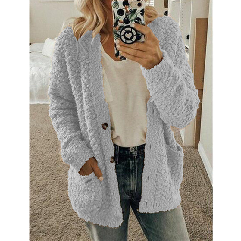 Damen nan locker geschnittener Teddy-Flausch-Cardigan mit dezenter Knopfleiste und aufgesetzten Eingrifftaschen Echo Archiv