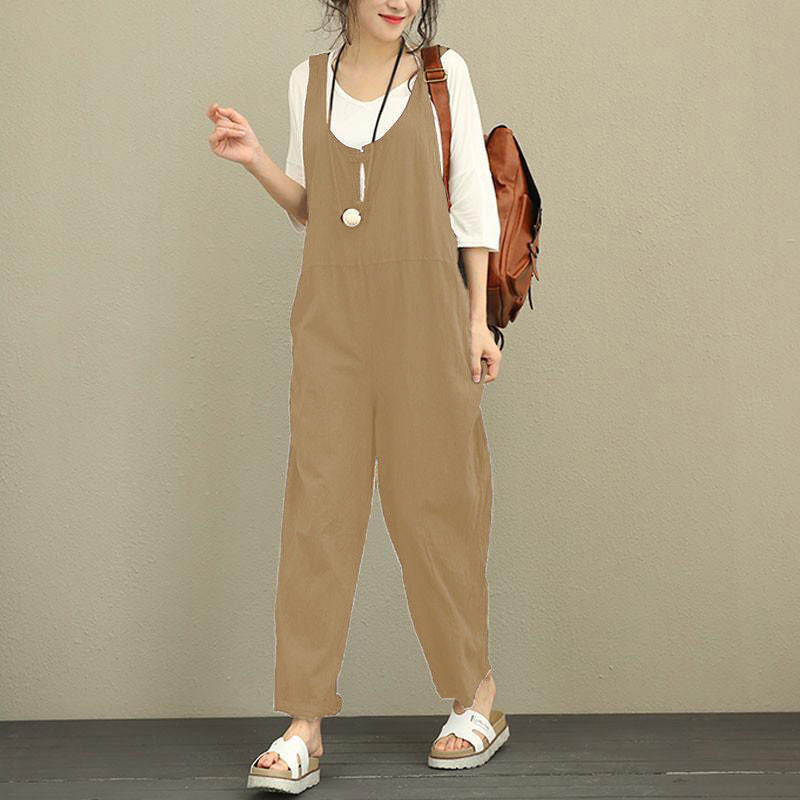Damen Lässiger Harem-Overall aus Leinen mit verstellbaren Trägern und Seitentaschen Echo Archiv