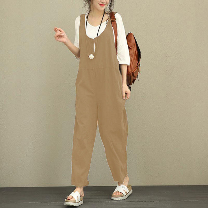 Damen Lässiger Harem-Overall aus Leinen mit verstellbaren Trägern und Seitentaschen Echo Archiv