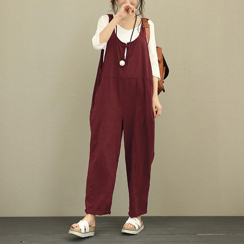 Damen Lässiger Harem-Overall aus Leinen mit verstellbaren Trägern und Seitentaschen Echo Archiv