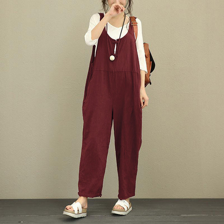 Damen Lässiger Harem-Overall aus Leinen mit verstellbaren Trägern und Seitentaschen Echo Archiv