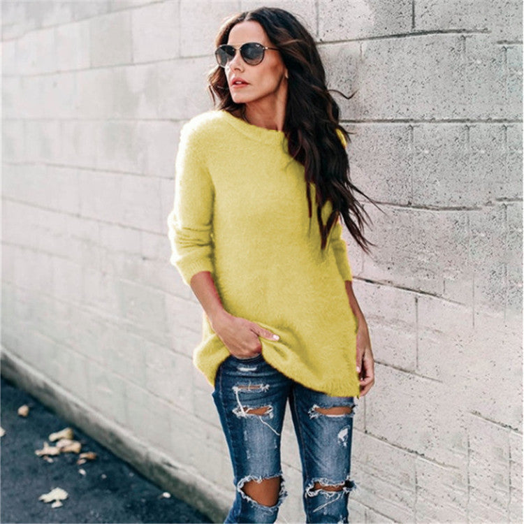 Damen nan kuscheliger Oversize-Strickpullover mit Rundhalsausschnitt Hoch-Tief-Saum und Seitenschlitzen Echo Archiv