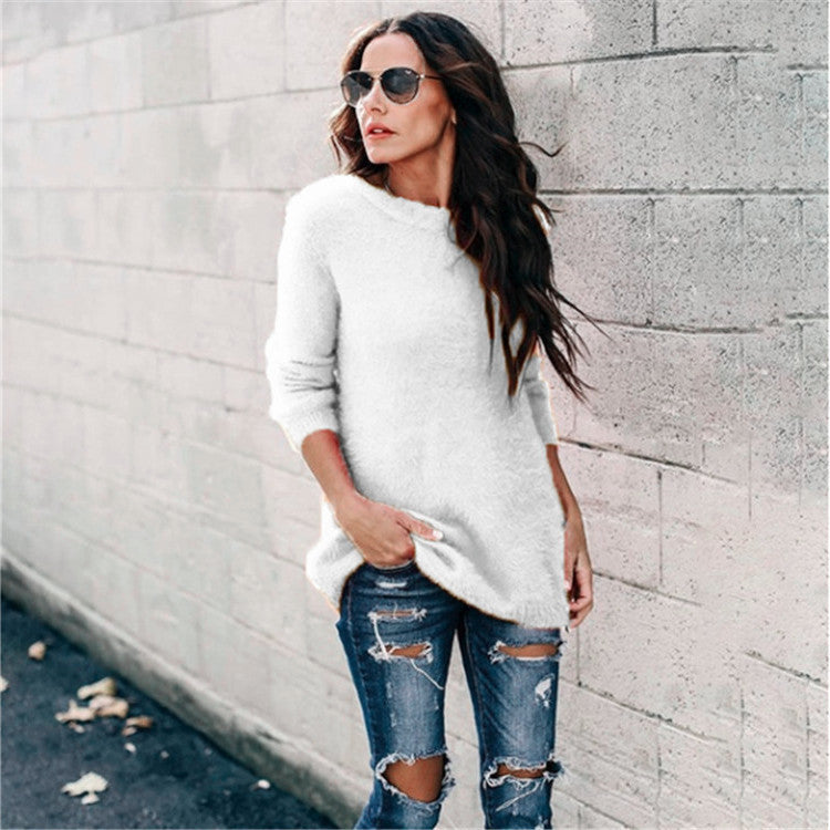 Damen nan kuscheliger Oversize-Strickpullover mit Rundhalsausschnitt Hoch-Tief-Saum und Seitenschlitzen Echo Archiv