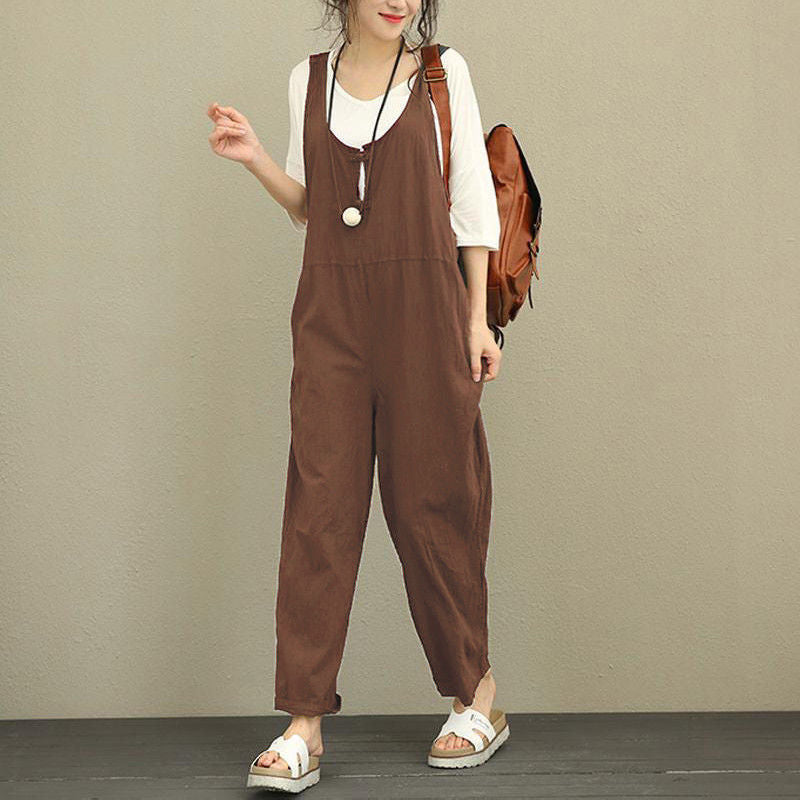 Damen Lässiger Harem-Overall aus Leinen mit verstellbaren Trägern und Seitentaschen Echo Archiv